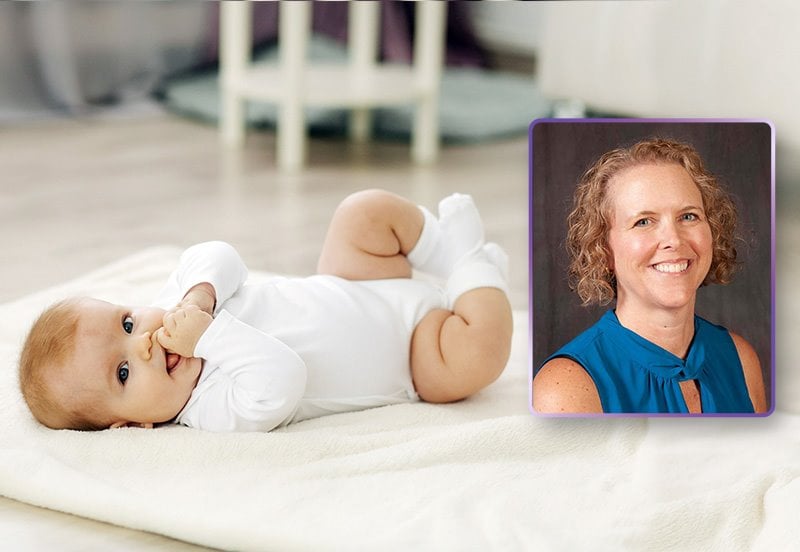 Baby lying down calmly on a folded blanket, symbolizing constipation relief, and an image of Jacqueline F. Fournier, MD, Pediatrician at ARC Dripping Springs
