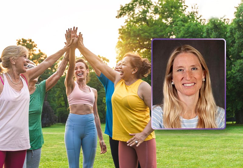 A group of women high-fiving outside at a park after exercising, signifying an active lifestyle and preventive care for women, and an image of Arielle C. Dubose, MD, FACS, FASCRS, General Surgeon at ARC