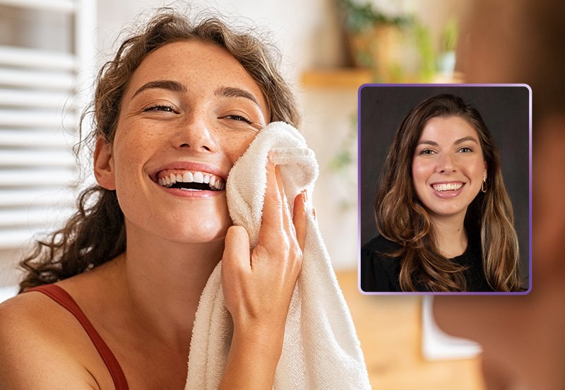 Young woman drying her face with a clean towel after her daily skin routine, signifying proper skin care, and an image of ARC Dermatology team member, Heather C. Lenz, PA-C