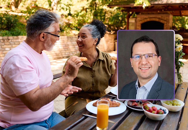 An adult couple eating food on a picnic table, representing gallbladder disease management, and an image of  Delfino Estevan Lorenzo, MD, FACS, General Surgeon at ARC