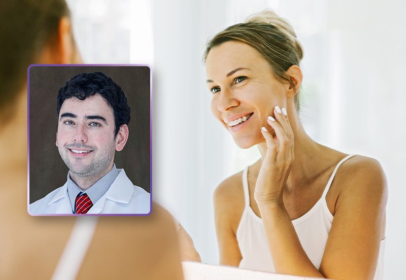 Woman happily looking at her skin in the mirror, representing improvement after dermatology treatment, and an image of Christopher Dallo, MD, FAAD, Dermatologist at ARC