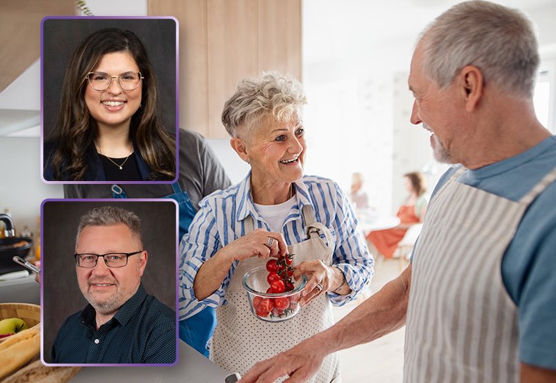 Elderly couple preparing a healthy meal in their kitchen, representing diverticulosis prevention, an image of Courtney S. Chesanek, PA-C, General Surgery Physician Assistant at ARC, and an image of Semyon (Sam) Gambarin, MD, General Surgeon at ARC