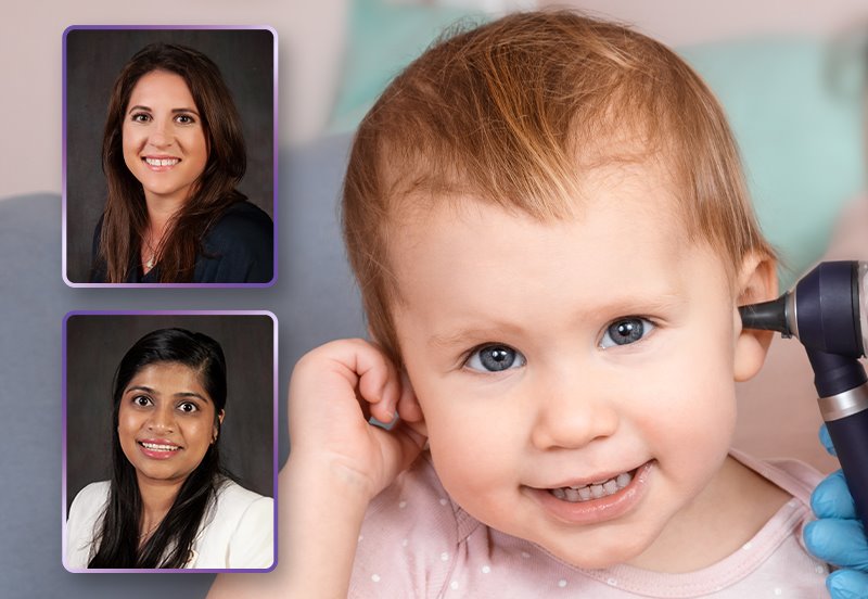 Toddler having their ear examined during an appointment, an image of Cara G. Lye, MD, FAAP, ARC Pediatrician, and an image of Palak B. Patel, MD, Ear, Nose, and Throat (ENT) Doctor