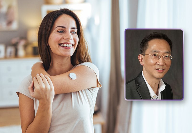Young woman wearing a glucose monitor, and an image of Kian Vui (Eric) Leong, MD, Internal Medicine Doctor