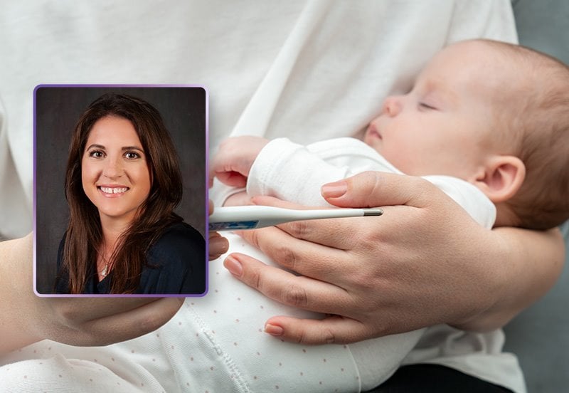 Parent using a thermometer to check if their baby has a fever, and an image of Cara G. Lye, MD, FAAP, Pediatrician at ARC Bee Cave