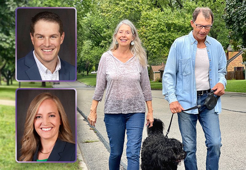 Older couple enjoying a nice walk with their dog, representing an active lifestyle after a hip replacement, an image of Erin F. Dunlap, MD, Orthopedic Surgeon at ARC, and an image of Zachary L. McBeth, DO, Orthopedic Surgeon at ARC