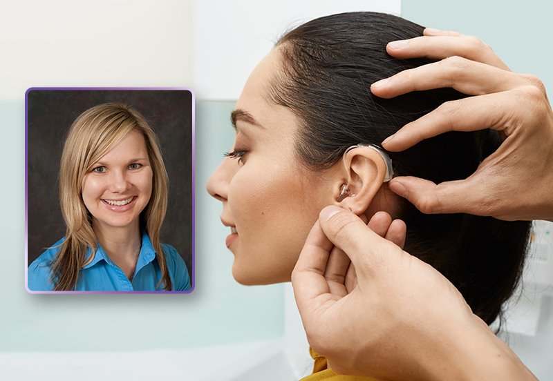 Image featuring a clinician adjusting a patient's hearing aids, and an image of Amy R. Mullin, PhD, FAAA, CCC-A, Audiologist at ARC