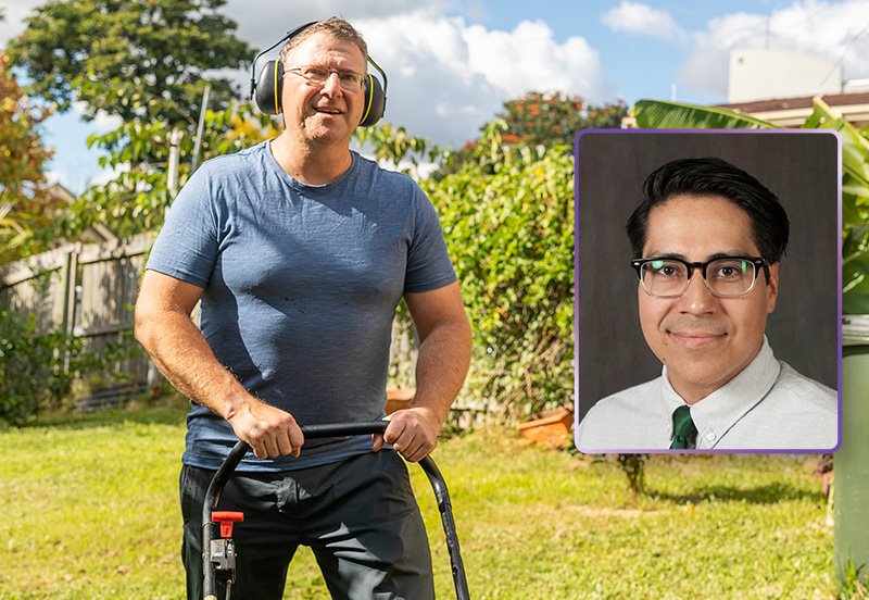 Man wearing hearing protection earmuffs while mowing the grass, representing proper hearing care, and an image of Marco A. Jurado, AuD, FAAA, Audiologist at ARC