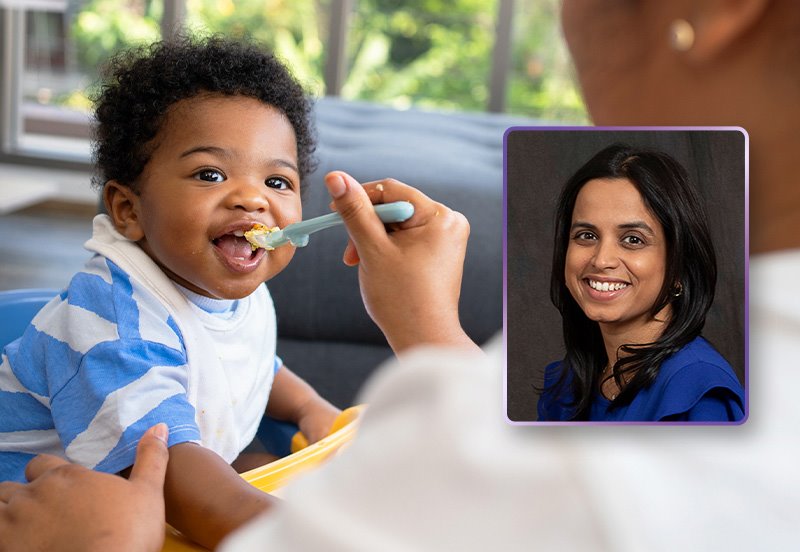 Baby safely being fed food containing allergens and an image of Niharika Marpu, MD, Allergy and Asthma Doctor
