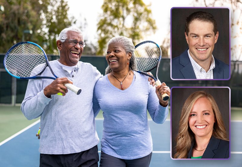 An elderly couple laughing and walking together after a game of tennis, representing an active lifestyle, an image of Erin F. Dunlap, MD, Orthopedic Surgeon at ARC, and an image of Zachary L. McBeth, DO, Orthopedic Surgeon at ARC