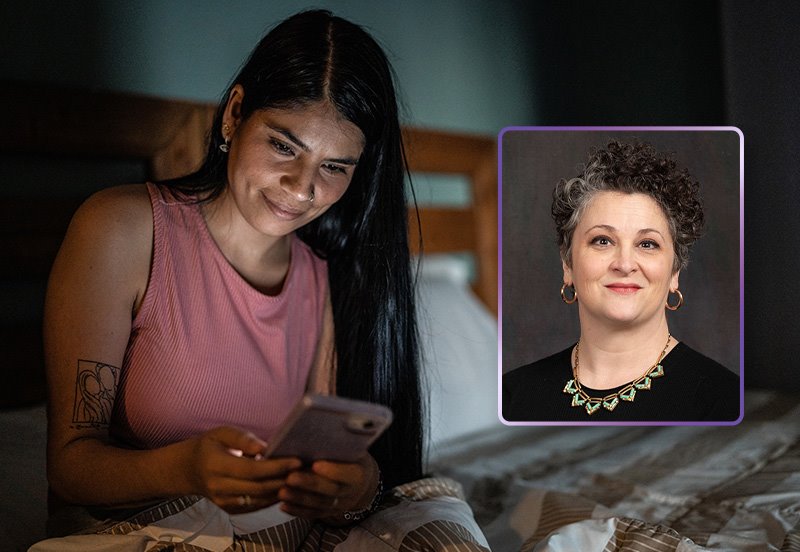 Woman using her phone late at night and an image of Kelly L. Coleman, MSN, APRN, AGCNS-BC, Neurology Clinician at ARC