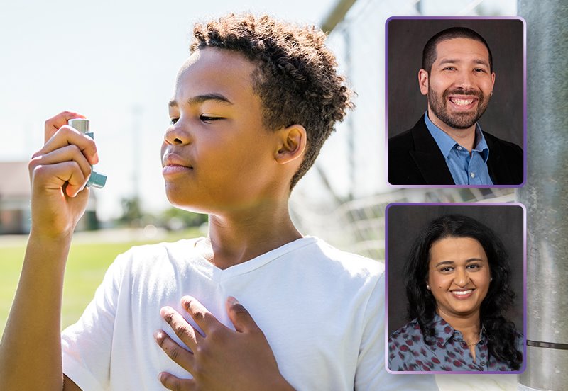 Child using an inhaler to help manage his asthma, an image of Ricardo J. Chapa, MD, ARC Pediatrician, and an image of Nikki G. Patel, MD, Allergy and Asthma specialist at ARC