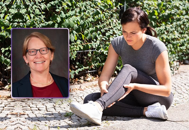 Woman who injured her ankle during a run, grabbing her leg in pain—possibly due to a sprain or fracture—and an image of Martha I. Pyron, MD, Orthopedics and Sports & Musculoskeletal Medicine Doctor