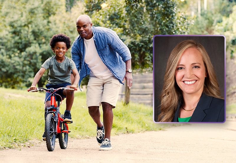 Father giving his son a push while he rides a bicycle outdoors, depicting healthy knee and hip movement; and an image of Erin F. Dunlap, MD, ARC Orthopedics
