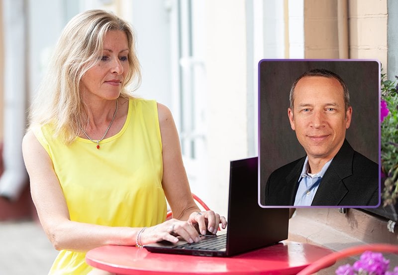 Woman typing on a laptop, depicting common activities that can contribute to hand pain, and an image of Gregg Vagner, MD, ARC Orthopedic Doctor
