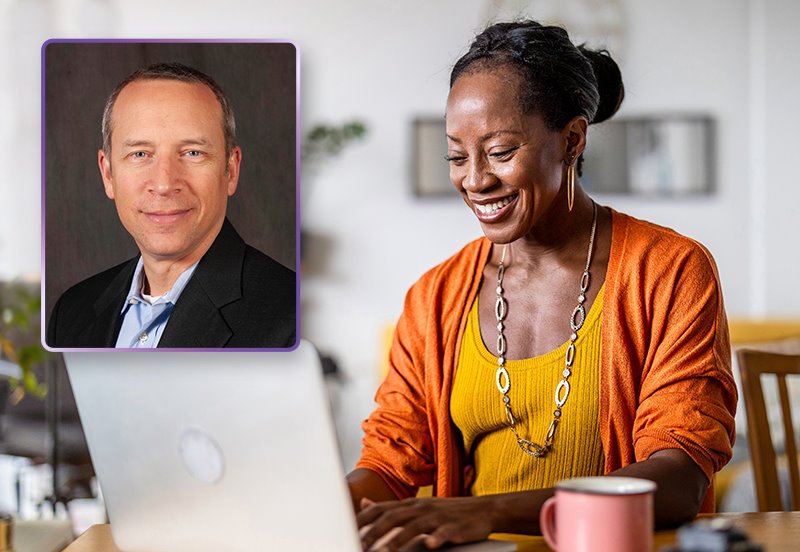 Smiling woman on her laptop, representing good posture and relief from numbness and tingling in the arms and hands, and an image of  Gregg A. Vagner, MD, Orthopedic Doctor at ARC