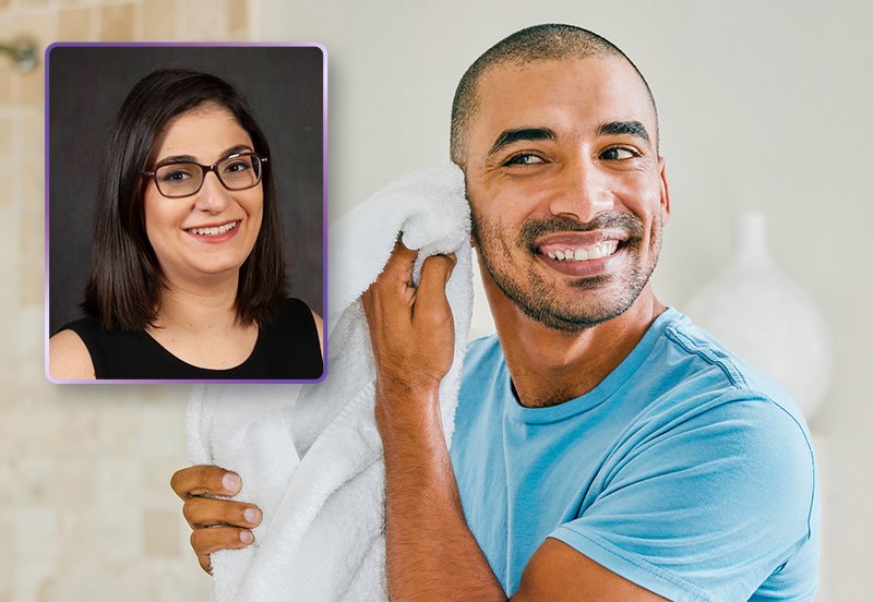 Man drying his face with a towel, representing good hygiene and skin care, and an image of Saba Zabetian, MD, Dermatologist at ARC