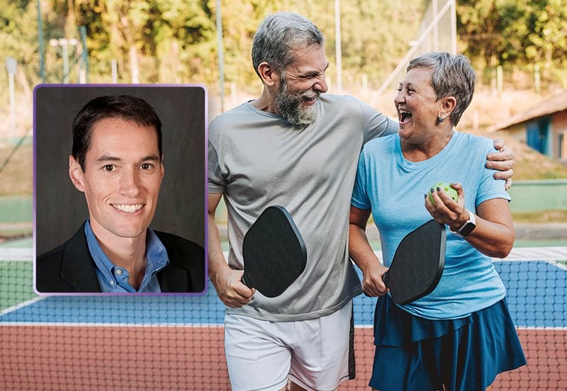 Elderly couple having a good time while playing pickleball, illustrating an active lifestyle and healthy shoulders, and an image of Matthew Driscoll, MD, Orthopedic Doctor