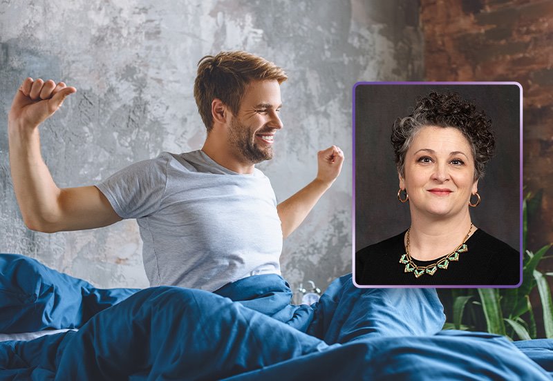 Well-rested man getting out of bed and image of Kelly L. Coleman, MSN, APRN, AGCNS-BC