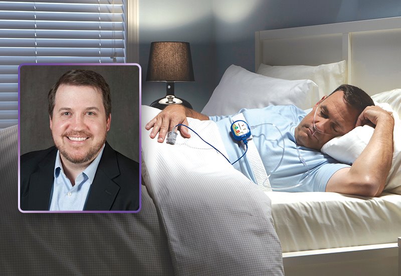 Man sleeping with a home sleep study kit on and an image of John (Caleb) Simmons, MD, Ear, Nose, and Throat (ENT) Doctor at ARC