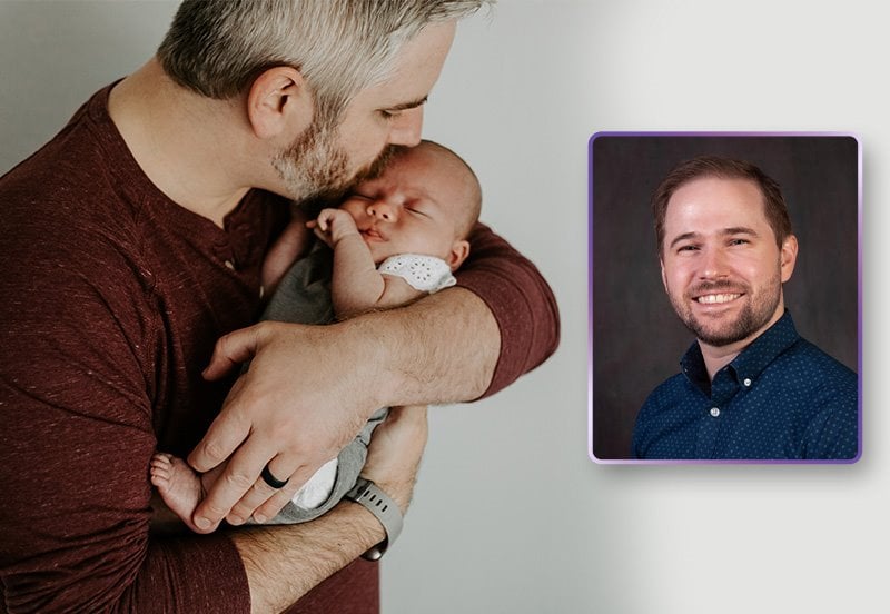 Dad holding his baby in an upright position to prevent or reduce spit-up, and an image of Mitchell T. Walton, MD, Pediatrician at ARC Four Points in Austin, TX