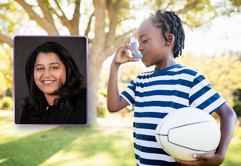 Child using an inhaler while holding a ball to manage asthma symptoms and an image of Ramya S. Balijepally, MD