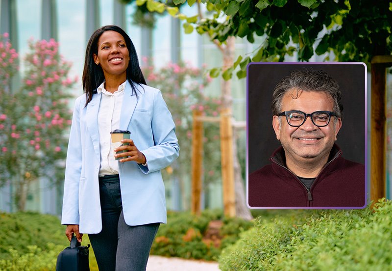 A woman enjoying a walk and a coffee at an arboretum/garden setting, representing good allergy and asthma care, and an image of Hetu Y. Parekh, MD, Allergy and Asthma