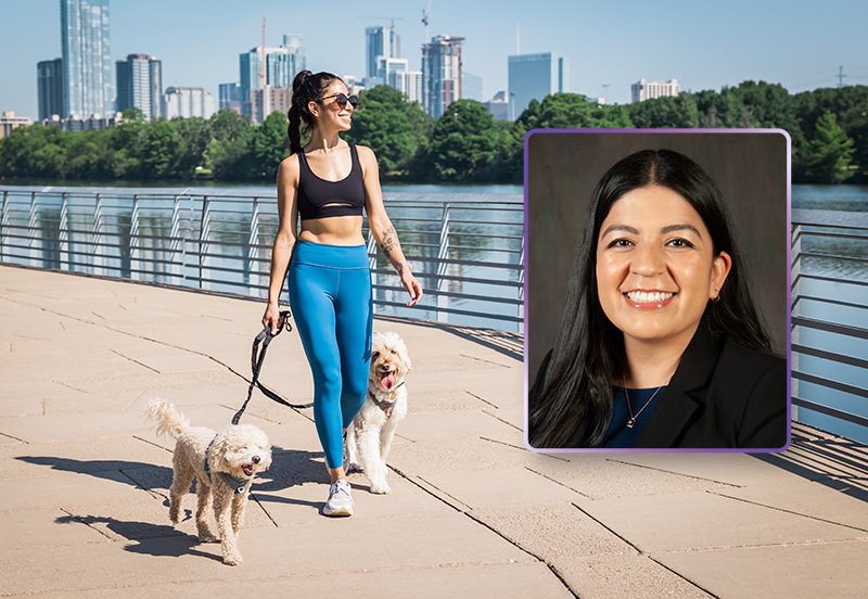 Woman walking her dogs in Austin while overcoming daily challenges of multiple sclerosis (MS) and an image of  Diana N. Andino, MD