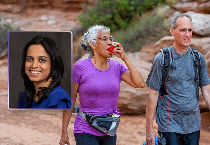 Woman using an inhaler to manage her asthma while hiking with her husband, and an image of Niharika Marpu, MD, Allergy and Asthma
