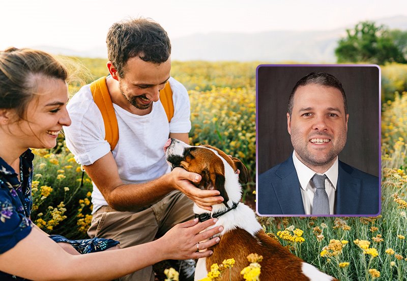 Couple enjoying a day outside with their dog in a field full of flowers, representing good allergy and asthma care, and an image of Alexander J. Alvarez, MD, FAAAAI, FACAAI, Allergy and Asthma