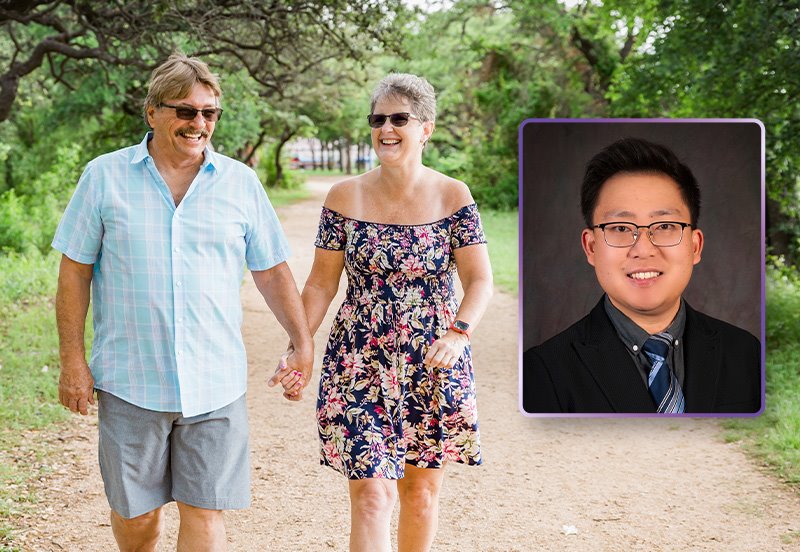 Couple taking a walk outside to help manage cholesterol, and an image of James H. Wang, MD, Family Medicine Doctor at ARC Bee Cave