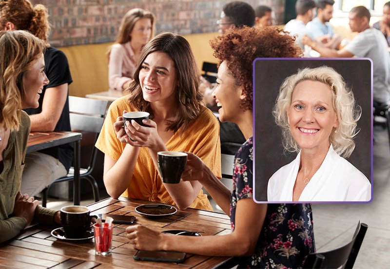 Three friends enjoying coffee at a café, representing women's health, and an image of Kristen J. Hansen-Peterman, MD, ARC Gynecologist