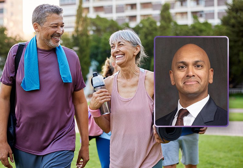 Older group of adults ready to exercise outdoors and an image of Akshay G. L. Yadhati, MD, FAAOS, ARC Orthopedic Surgeon