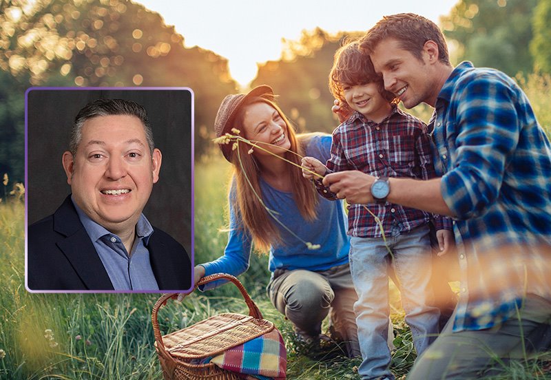 A mom, dad, and son enjoying a picnic outside and an image of Eben O. Soliz, PA-C, ARC Allergy and Asthma Physician Assistant