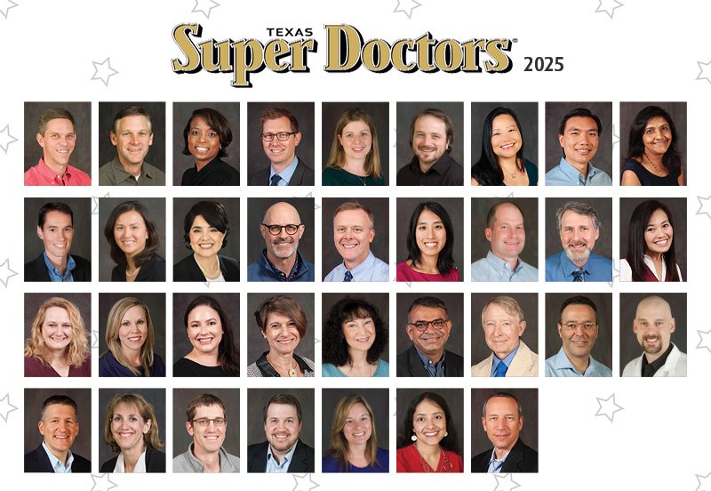 Graphic showing the 34 ARC physicians named to the Texas Monthly Super Doctors® 2025 list and the Super Doctors® 2025 logo