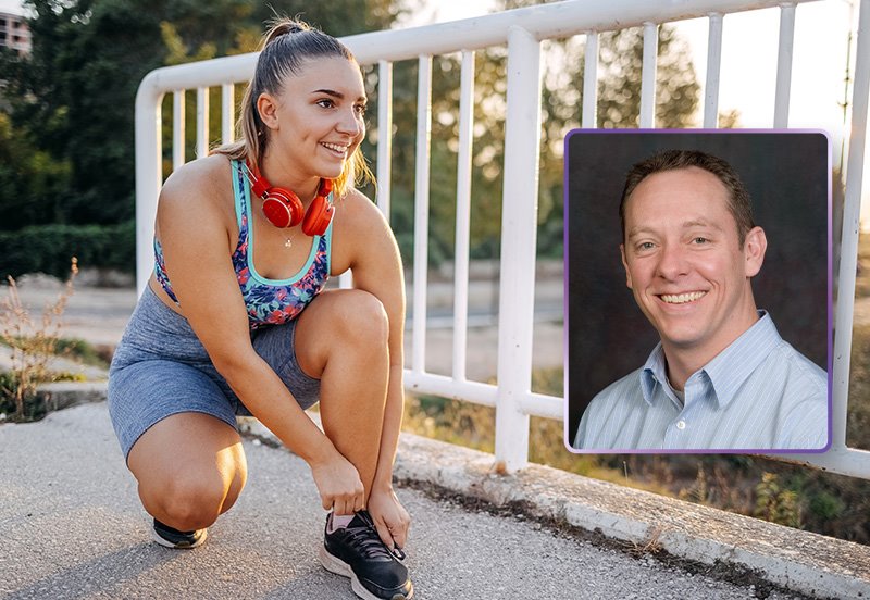 Woman stopping to tie her shoes during a run, showcasing proper foot and ankle care, and an image of Kenneth L. Cornell, DPM, FACFAS, Podiatrist at ARC Round Rock