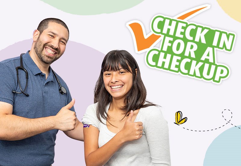 ARC pediatrician and teenager both giving a thumbs up after a vaccination, and the words "check in for a checkup" displayed on the image