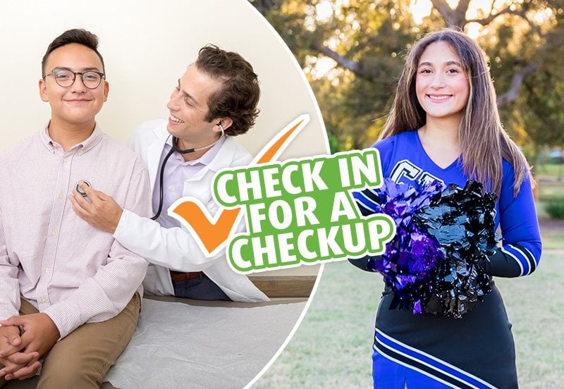 Collage featuring a pediatric patient during a well-check exam with Dr. Daniel Coelho, ARC Pediatrician, and a happy cheerleader outdoors with the words "Check in of a Checkup" in the center of the collage