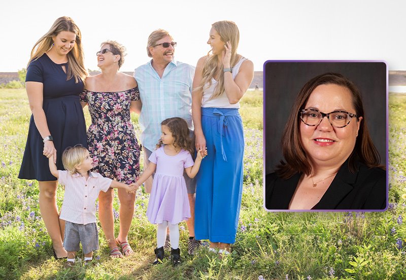 Happy family outside, representing good health and protection after receiving vaccinations, and an image of Jennifer A. Hensley, APRN, MSN, FNP-C